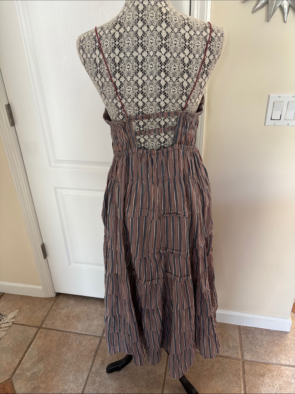 Free People Going Steady Rust Blue Striped Tiered Midi Dress-M - Picture 5 of 10